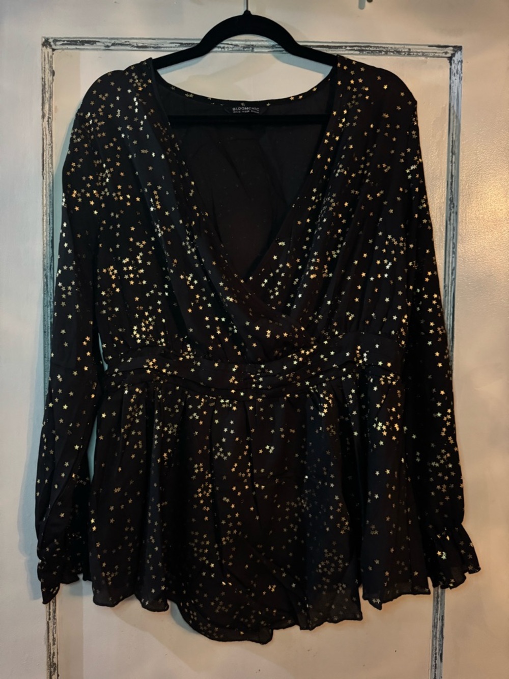 BloomChic Black Blouse with Gold Star Print